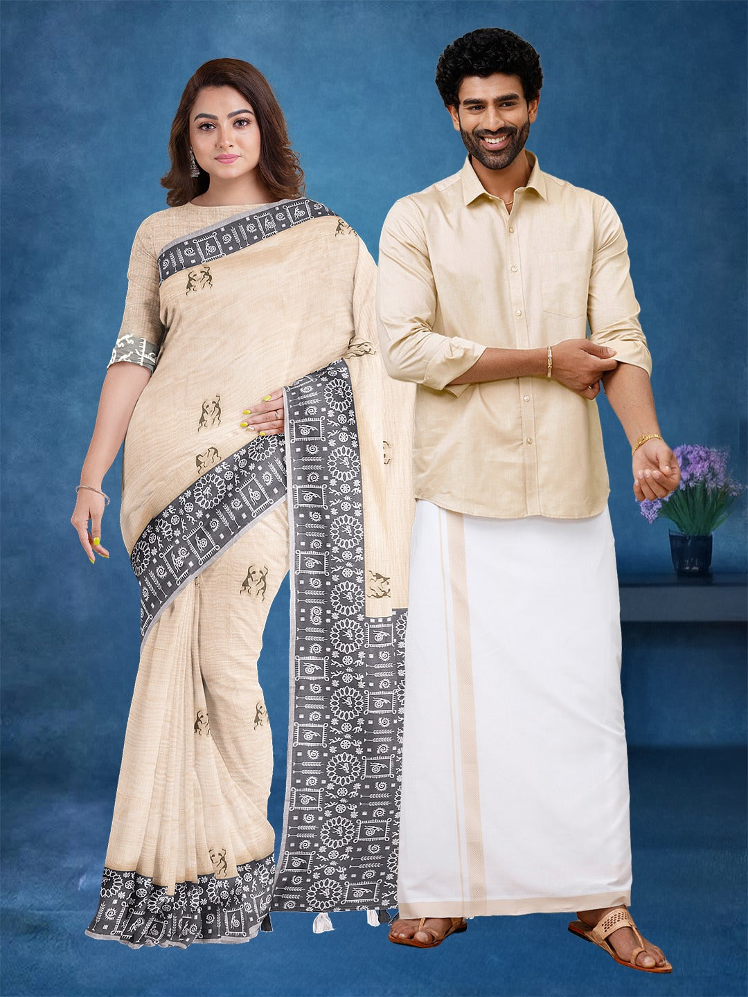 Couple Combo Shirt & Dhoti Set with Saree Sandal SL172
