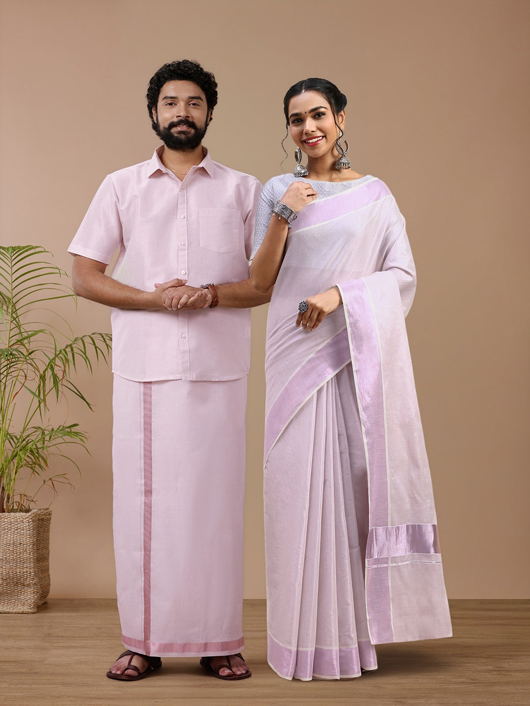 Couple Combo Shirt & Dhoti Set with Saree Rose Gold KS216