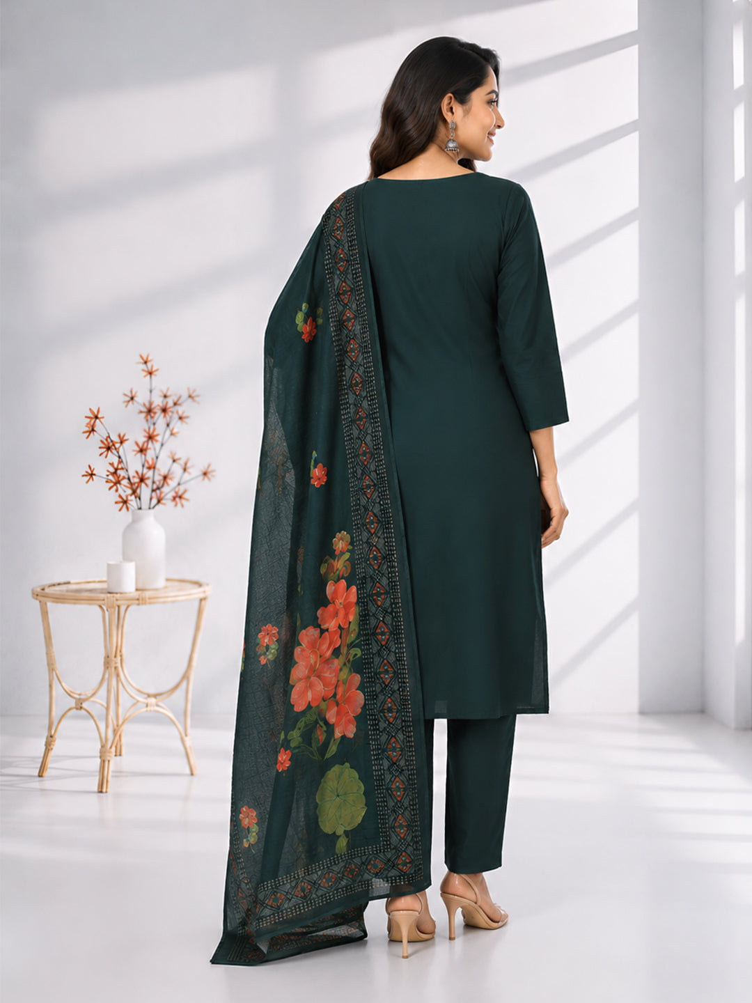 Women Silky Crush Embroidered Kurti Set Dark Green EKS92