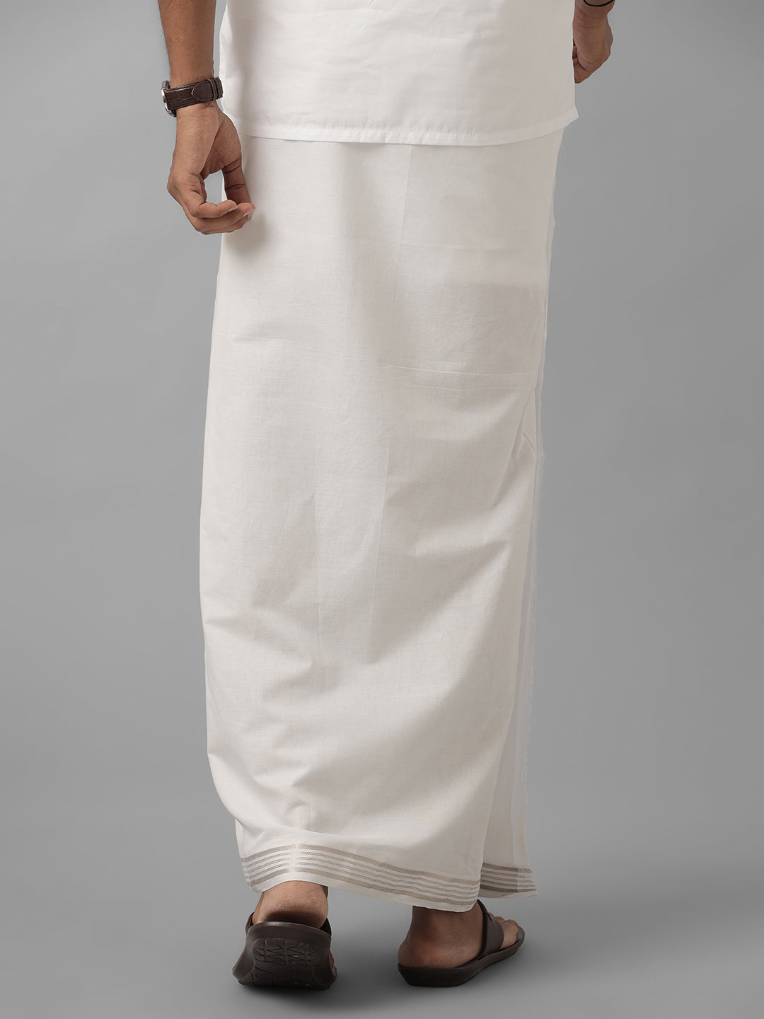 Mens Pure Cotton Silver Jari Border Double Dhoti