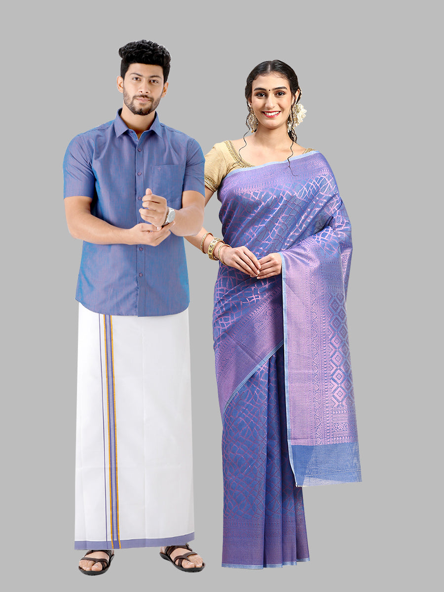Matching Dhoti Shirt & Semi Kora Cotton Saree Couple Combo Purple