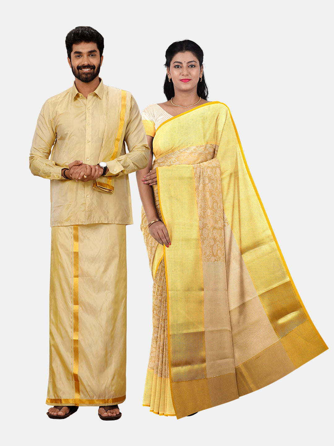 Couple Combo Art Silk Gold Shirt & Dhoti Set With Semi Silk Saree SS272