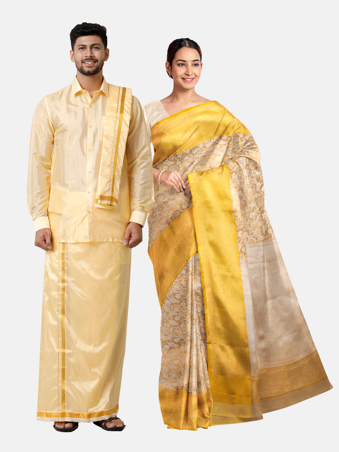 Couple Combo Art Silk Shirt & Dhoti Set With Semi Silk Saree SS273