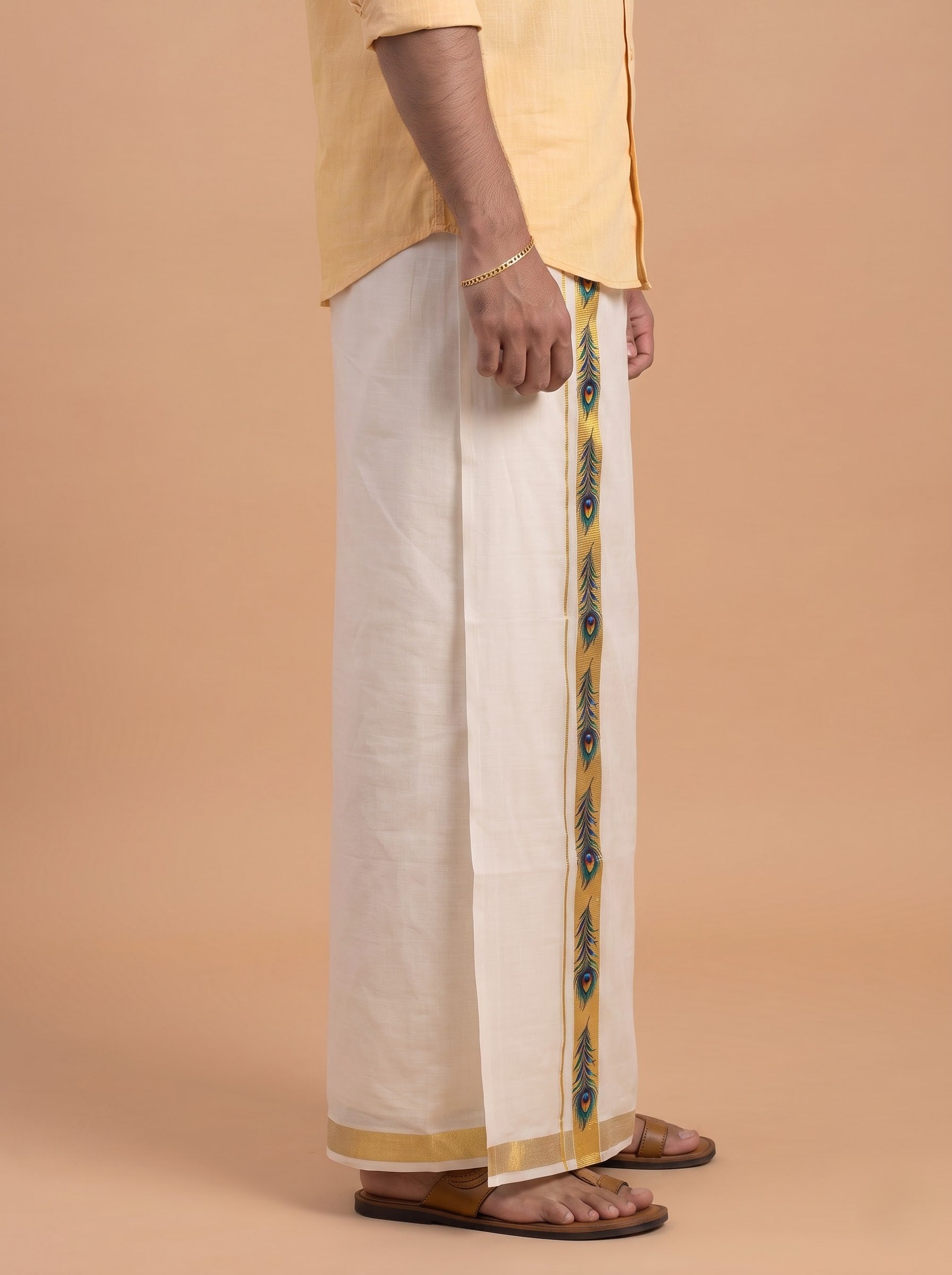 Double Layer Kora Cotton Cream Dhoti with Colour Border - HF Gold HFG03