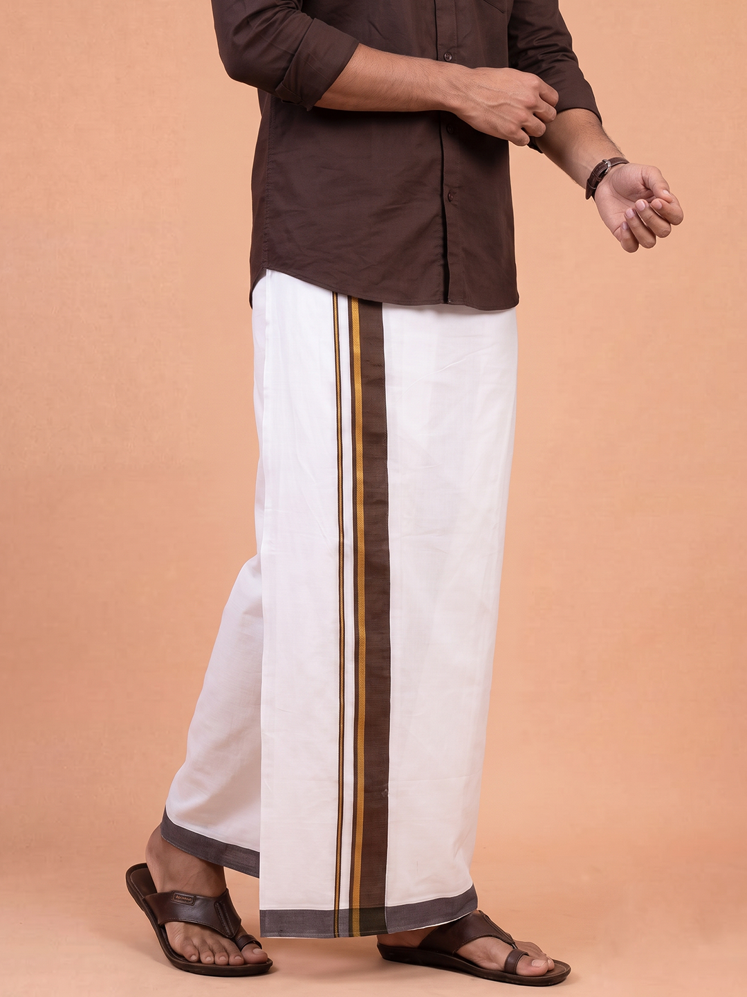 Double Layer Cotton Blend White Dhoti With Fancy Gold Jari Border TGJF05