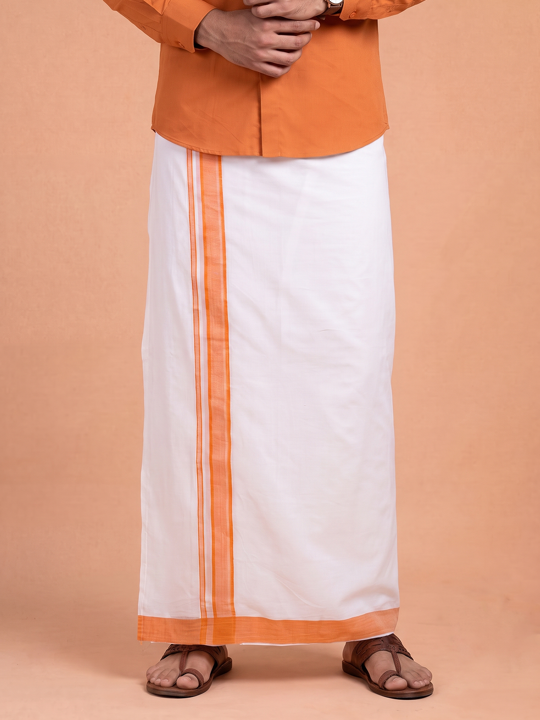 Double Layer 100% Cotton White Dhoti With Orange Border - RP10