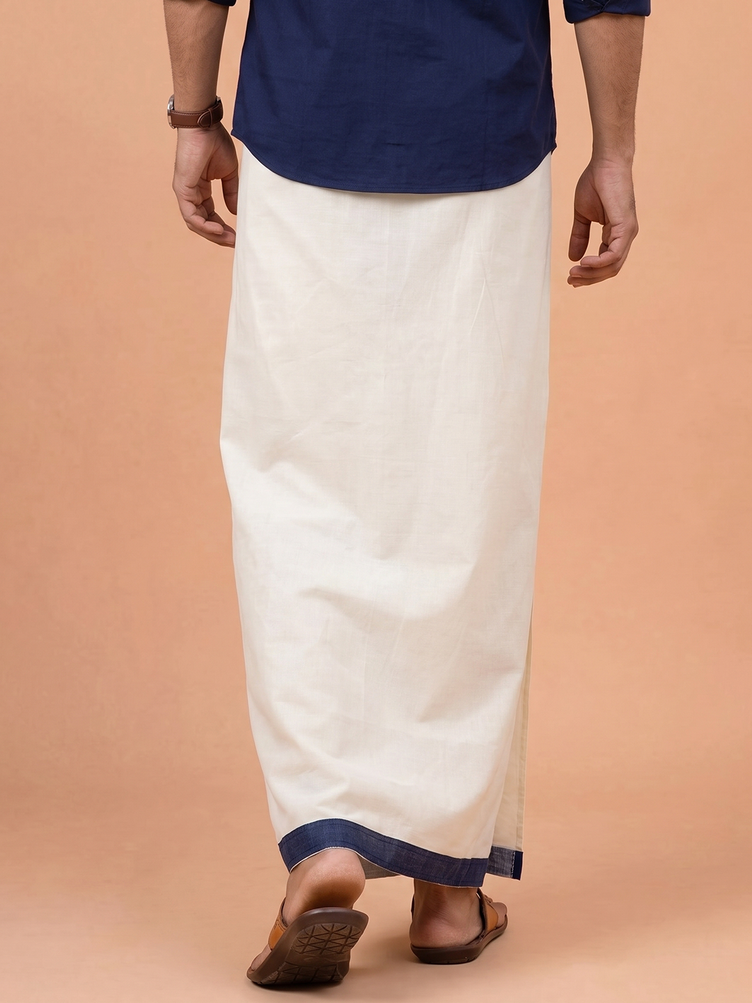 Double Layer 100% Cotton White Dhoti With Navy Border - RP11