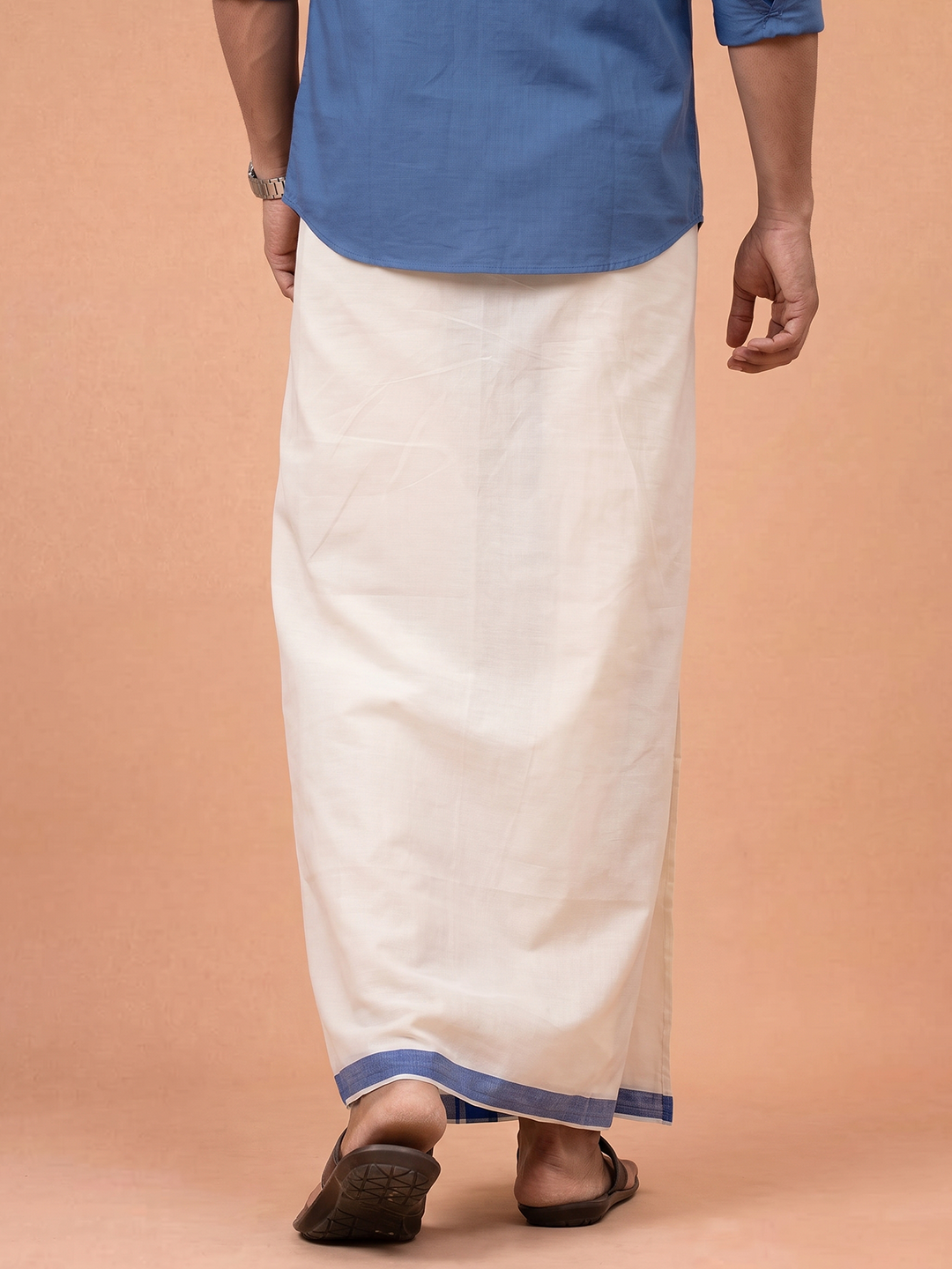 Double Layer 100% Cotton White Dhoti With Blue Border - RP08
