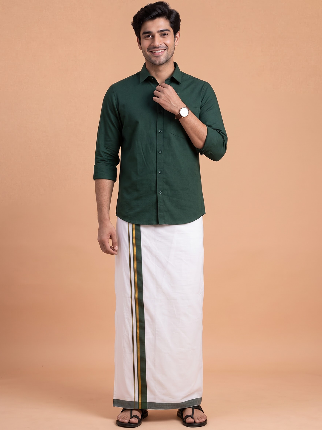 Double Layer Cotton Blend White Dhoti With Fancy Gold Jari Border TGJF07