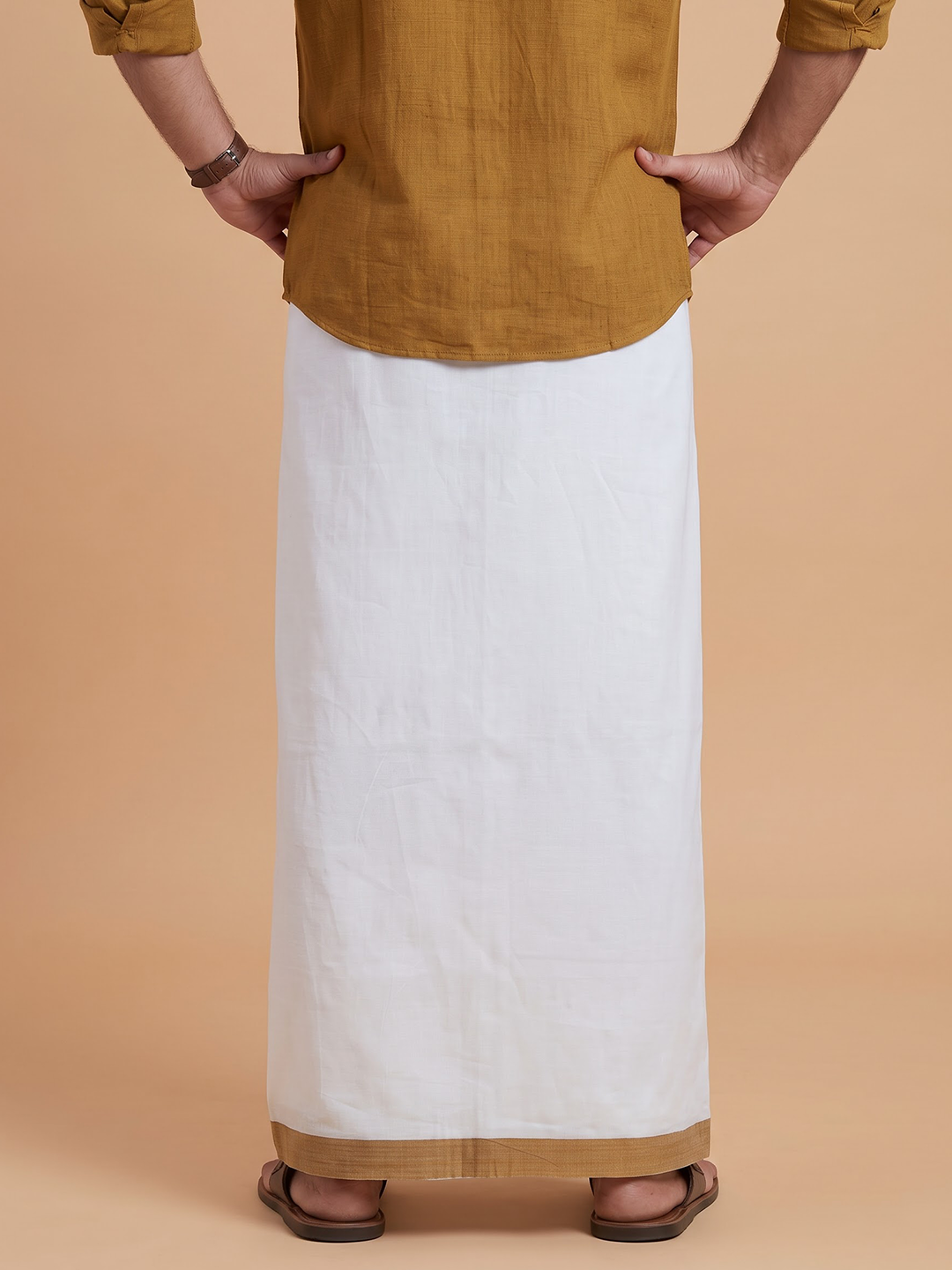 Double Layer 100% Cotton White Dhoti with Mustard Border - RS05