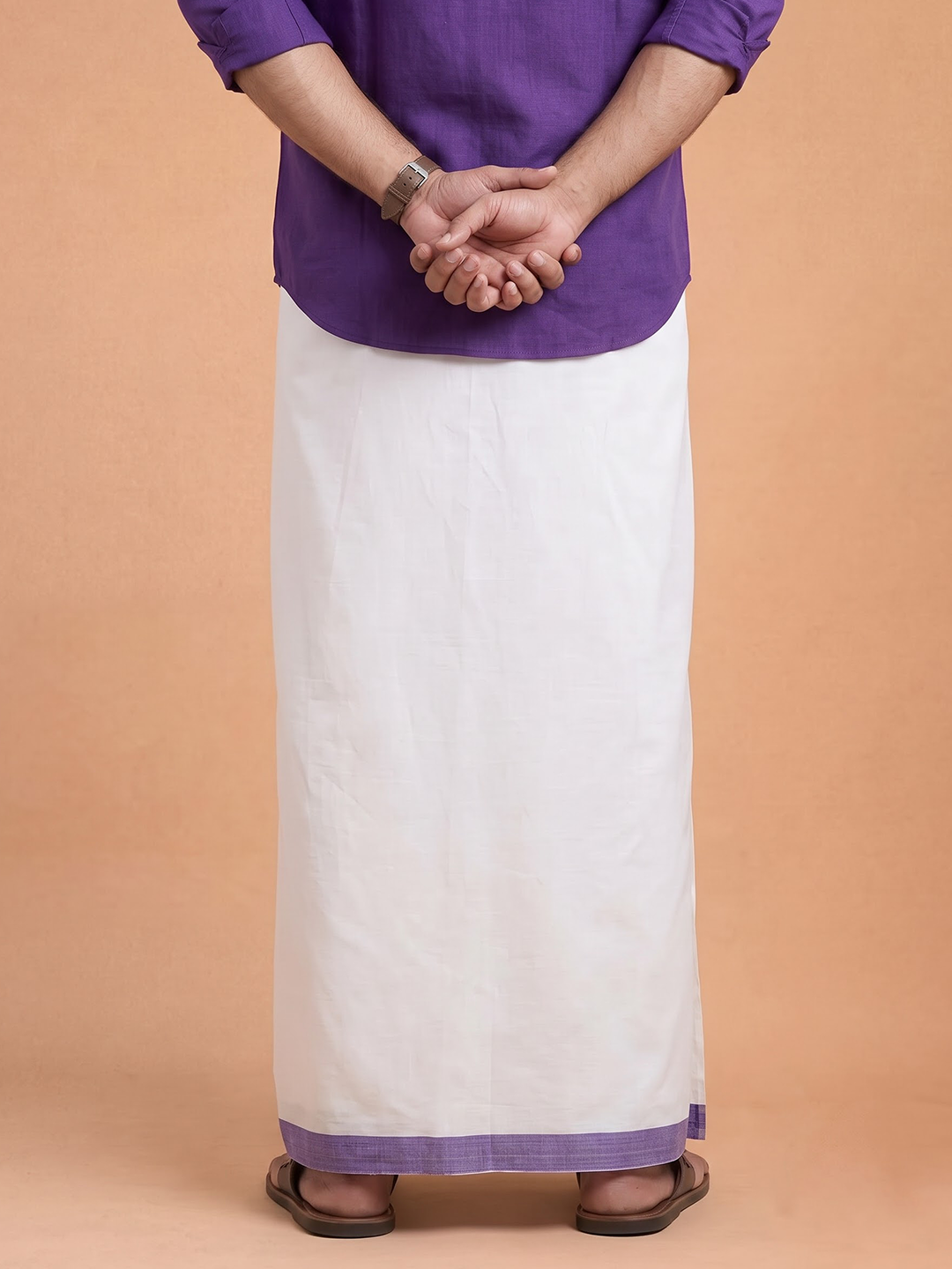Double Layer 100% Cotton White Dhoti with Violet Border - RS06