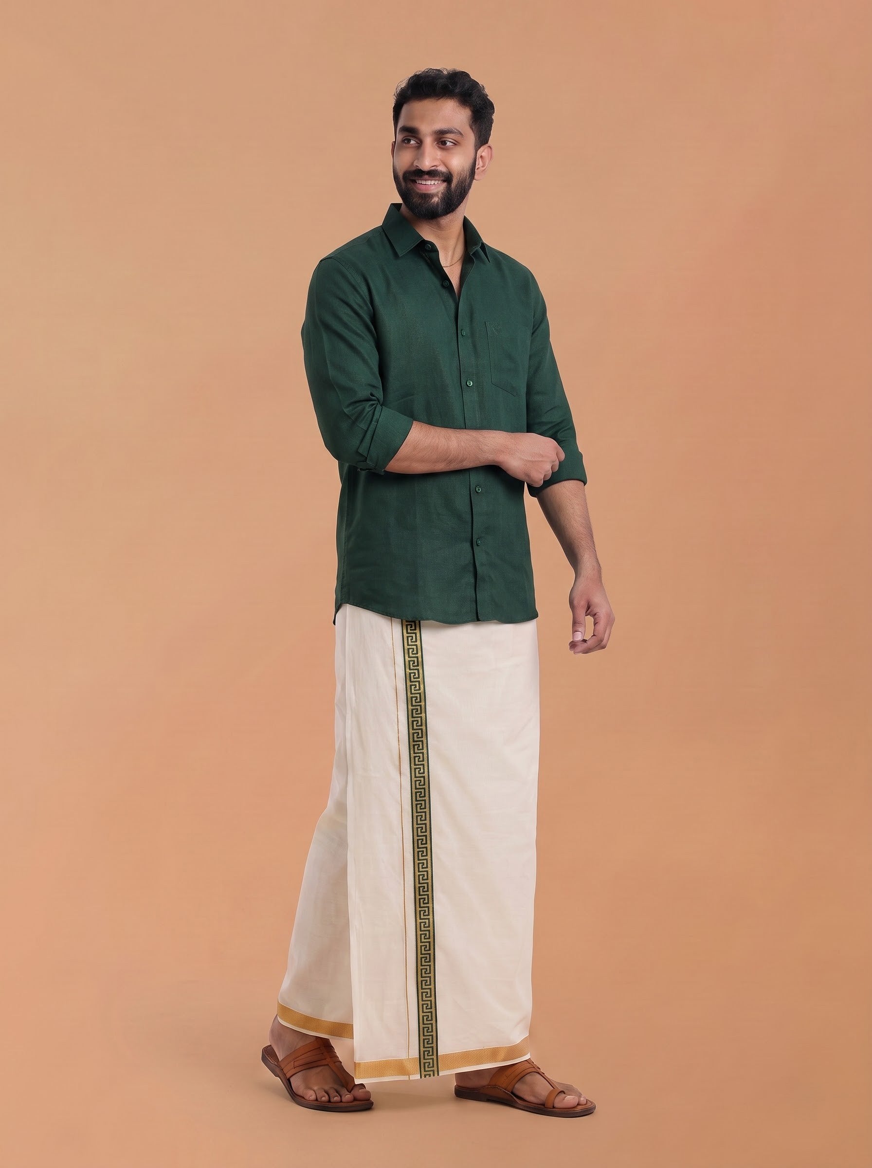 Double Layer Kora Cotton Cream Dhoti with Colour Border - HF Gold HFG05