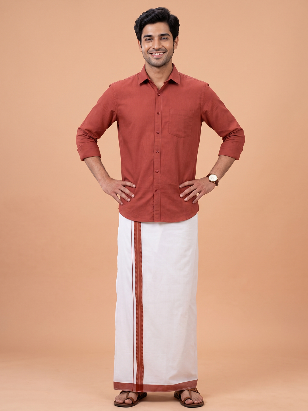 Double Layer Cotton Blend White Dhoti With Fancy Border TF21