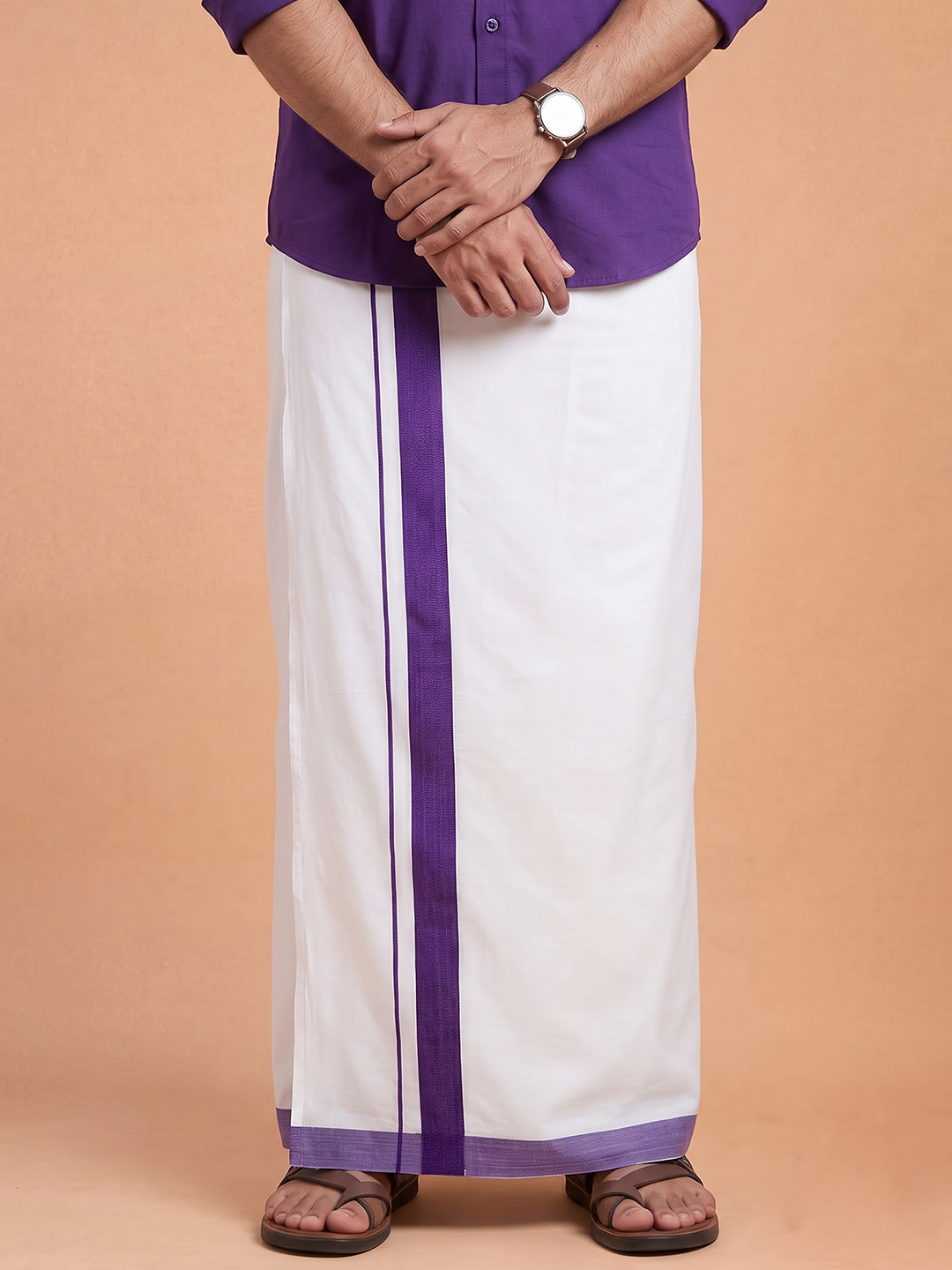 Double Layer 100% Cotton White Dhoti with Violet Border - RS06