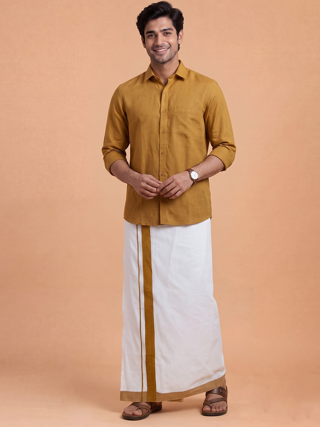 Double Layer 100% Cotton White Dhoti with Mustard Border - RS05