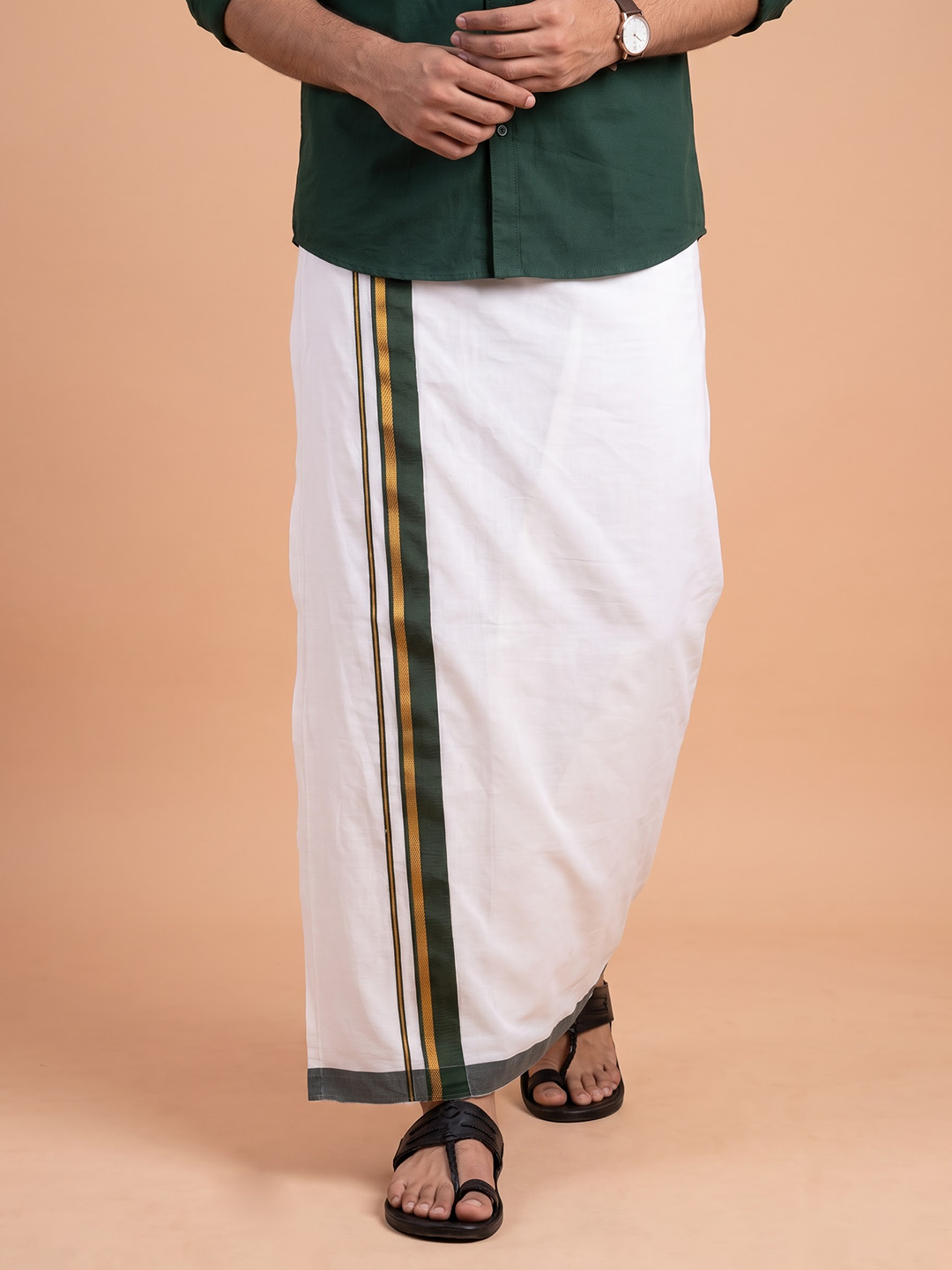 Double Layer Cotton Blend White Dhoti With Fancy Gold Jari Border TGJF07