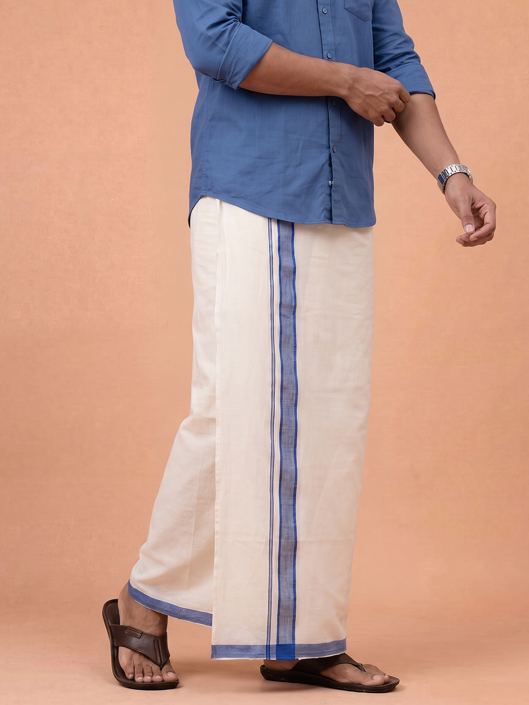 Double Layer 100% Cotton White Dhoti With Blue Border - RP08
