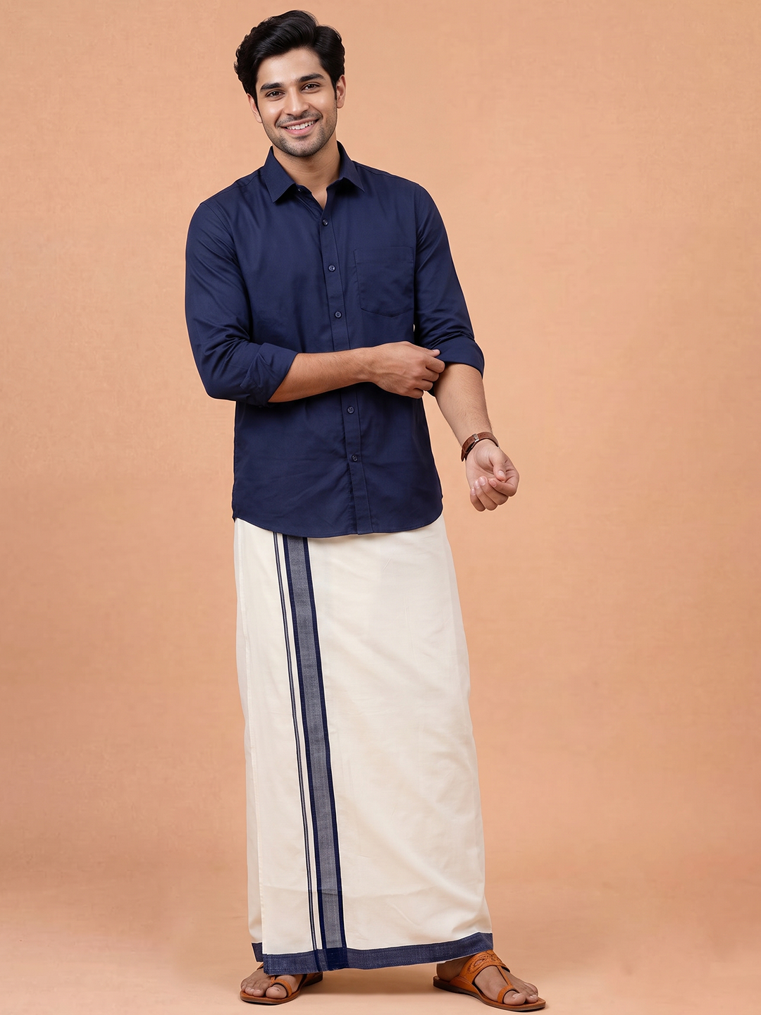 Double Layer 100% Cotton White Dhoti With Navy Border - RP11
