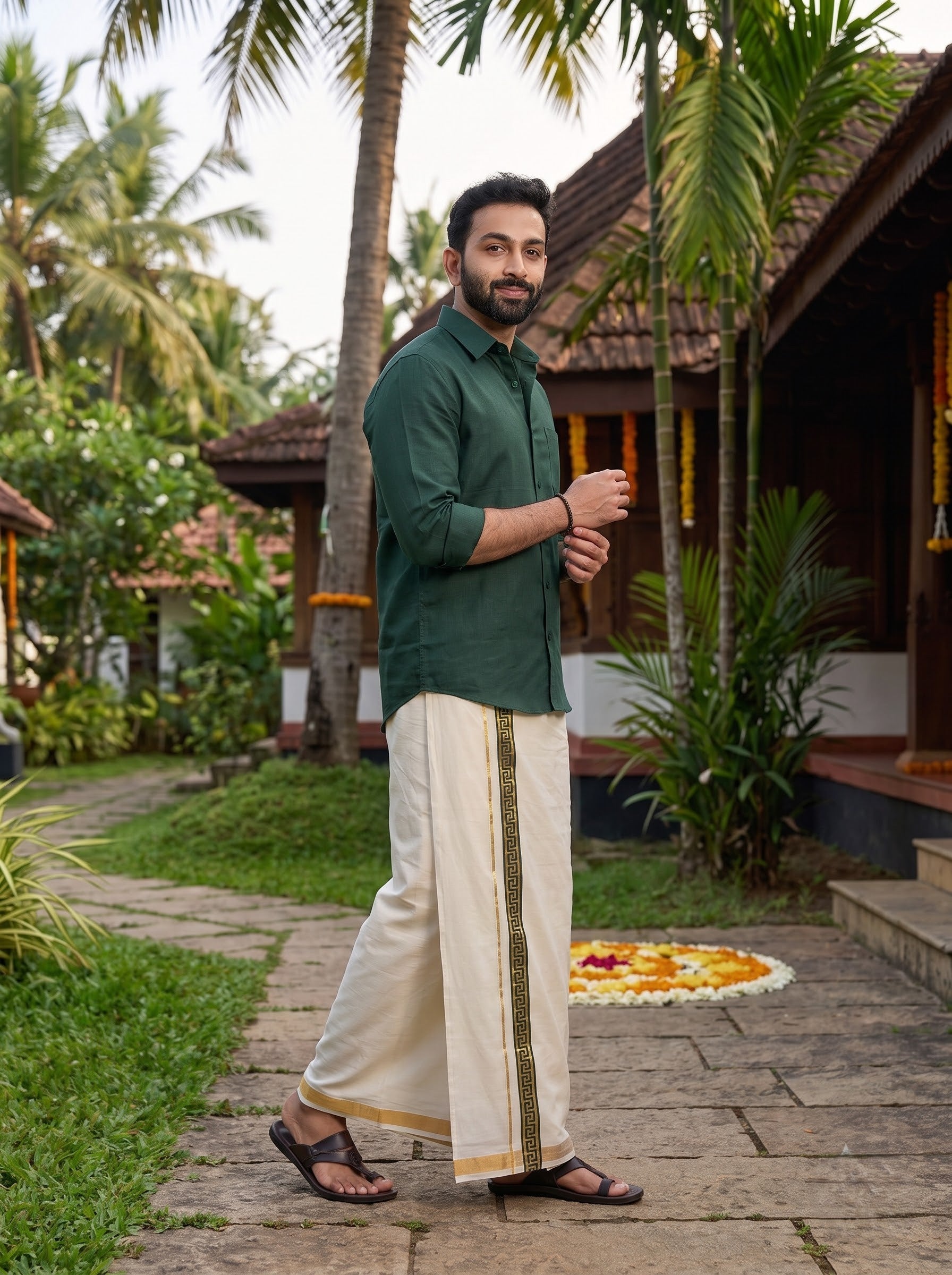 Double Layer Kora Cotton Cream Dhoti with Colour Border - HF Gold HFG05