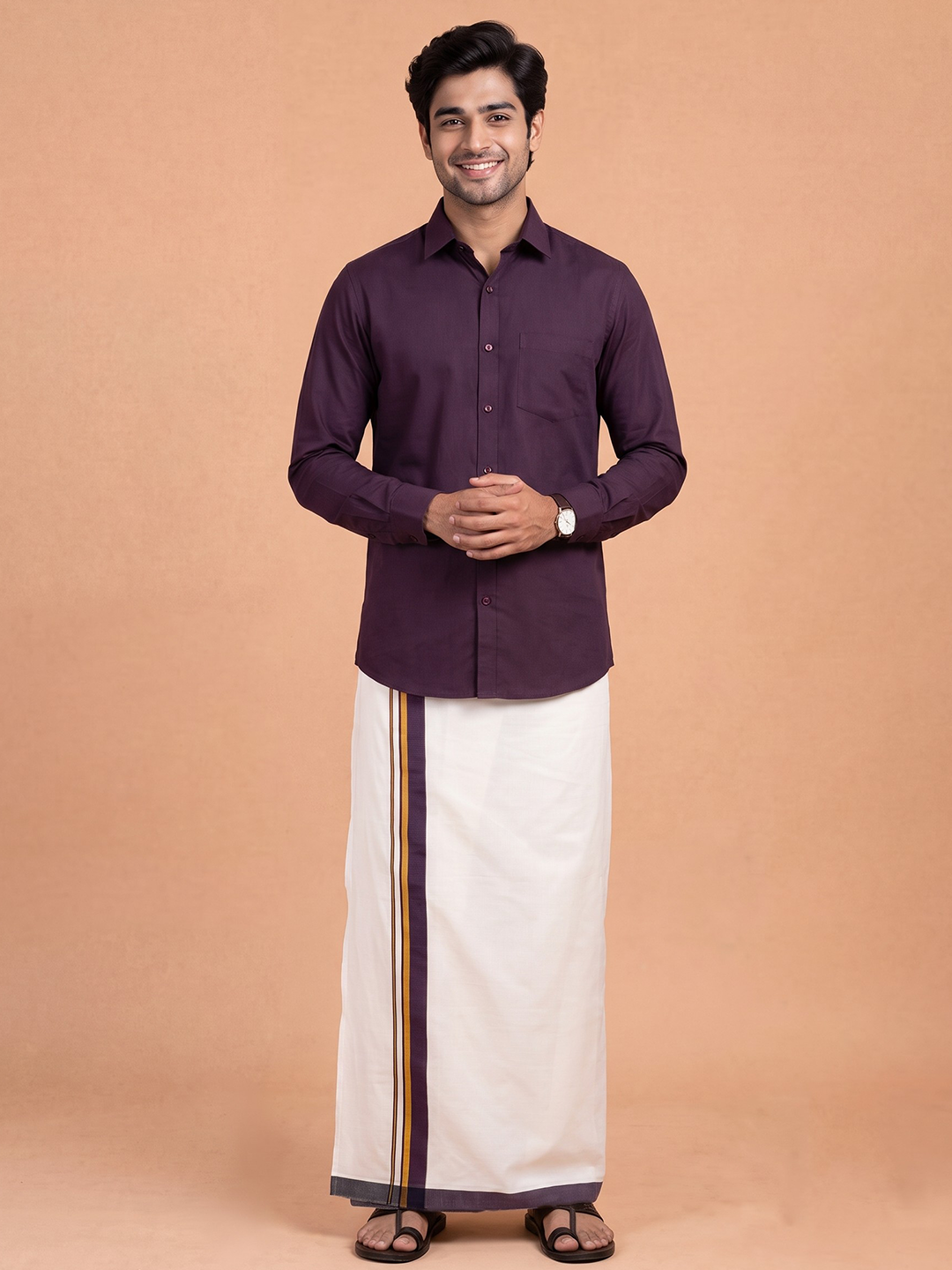 Double Layer Cotton Blend White Dhoti With Fancy Gold Jari Border TGJF06