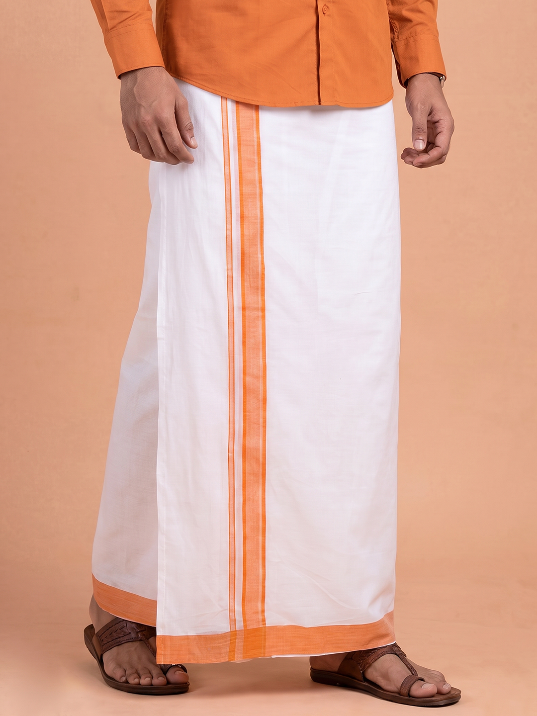 Double Layer 100% Cotton White Dhoti With Orange Border - RP10