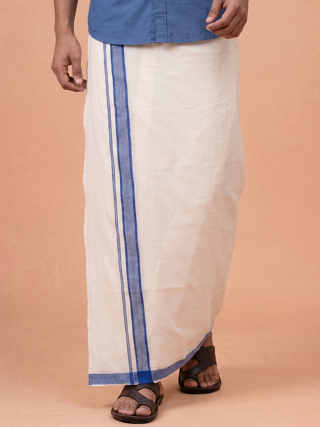Double Layer 100% Cotton White Dhoti With Blue Border - RP08