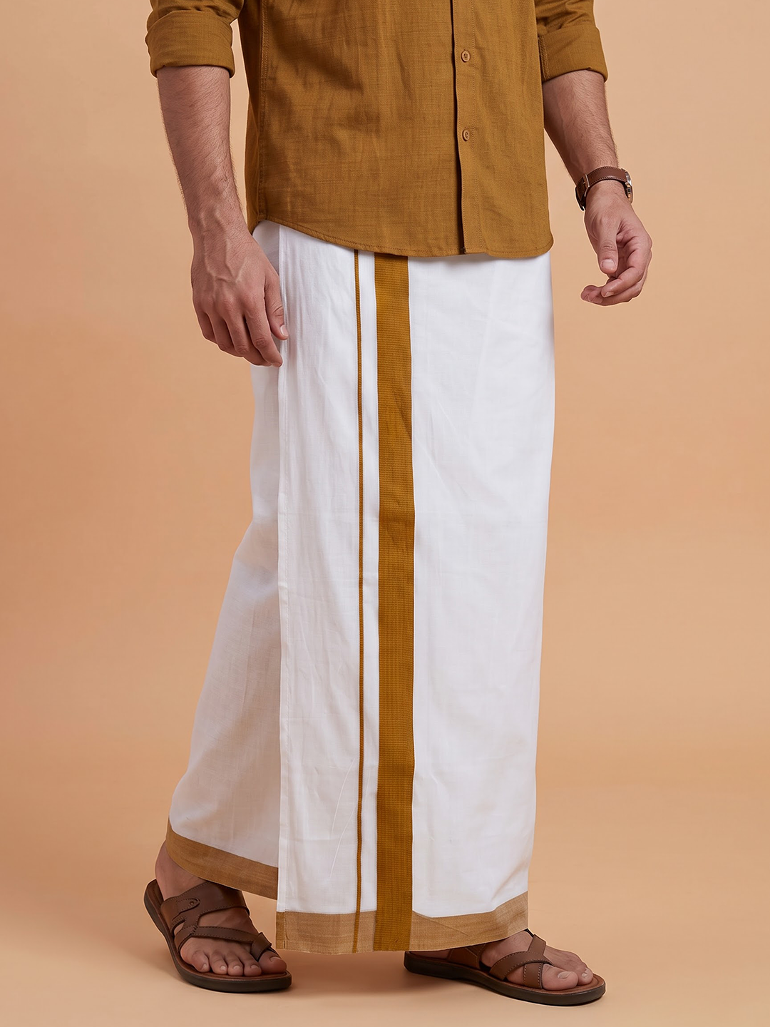 Double Layer 100% Cotton White Dhoti with Mustard Border - RS05