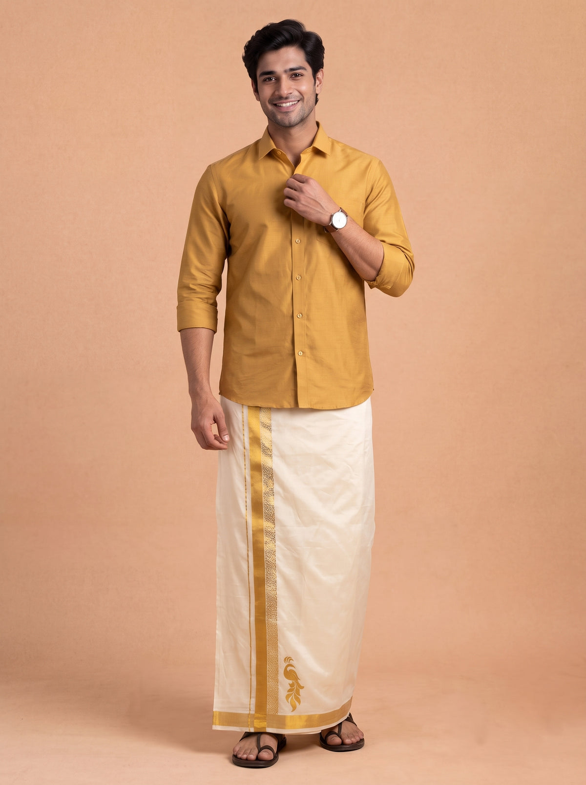 Double Layer Cotton Cream Kora Dhoti With Gold Jari Border - HF Gold HFG08