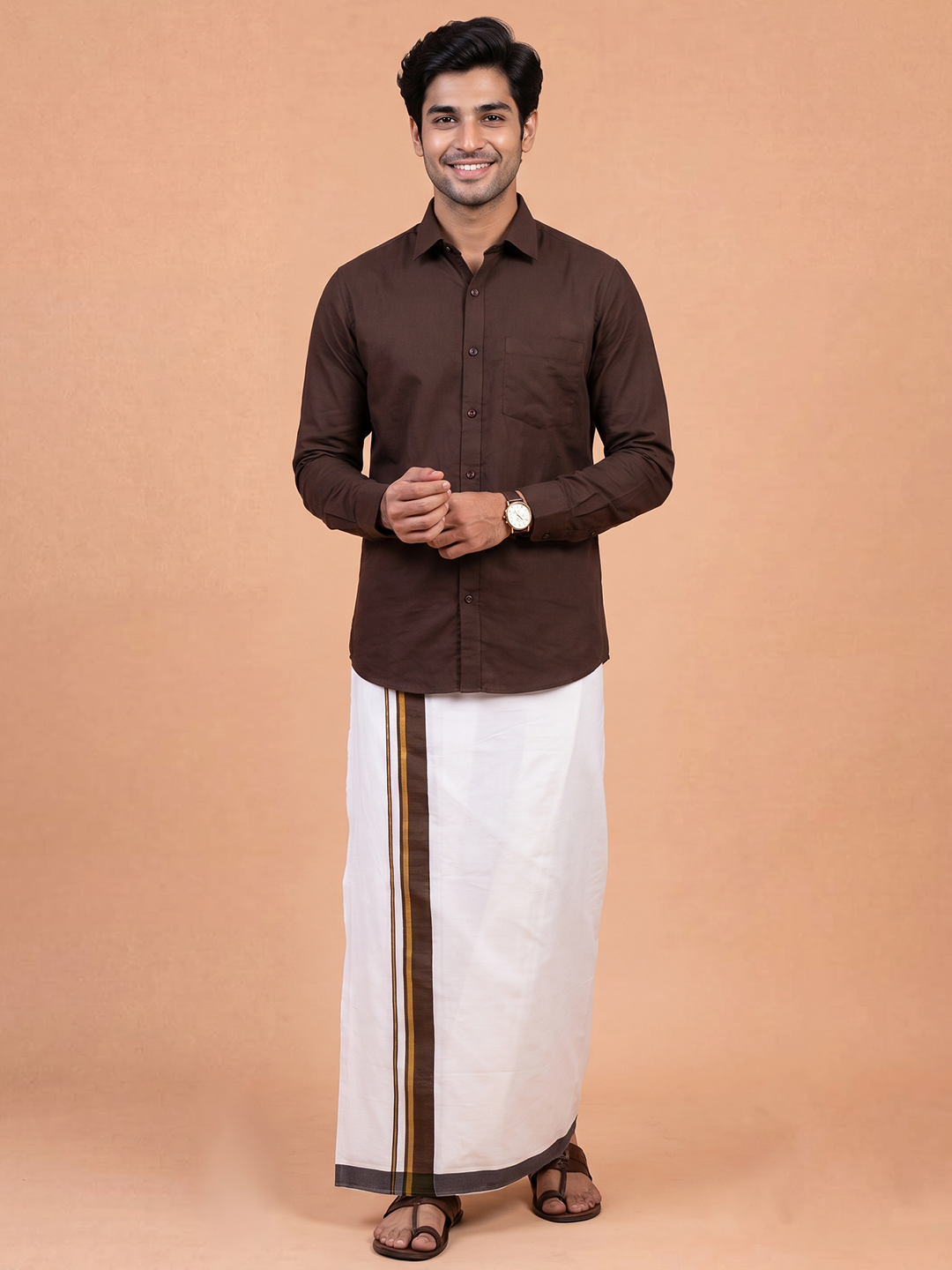Double Layer Cotton Blend White Dhoti With Fancy Gold Jari Border TGJF05