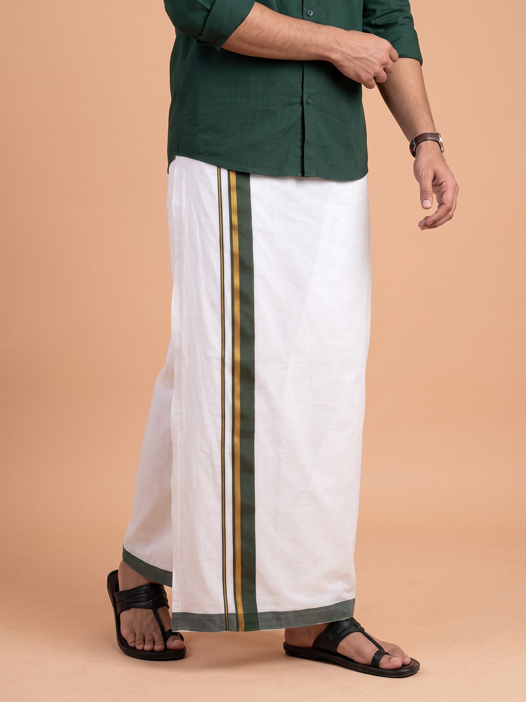 Double Layer Cotton Blend White Dhoti With Fancy Gold Jari Border TGJF07