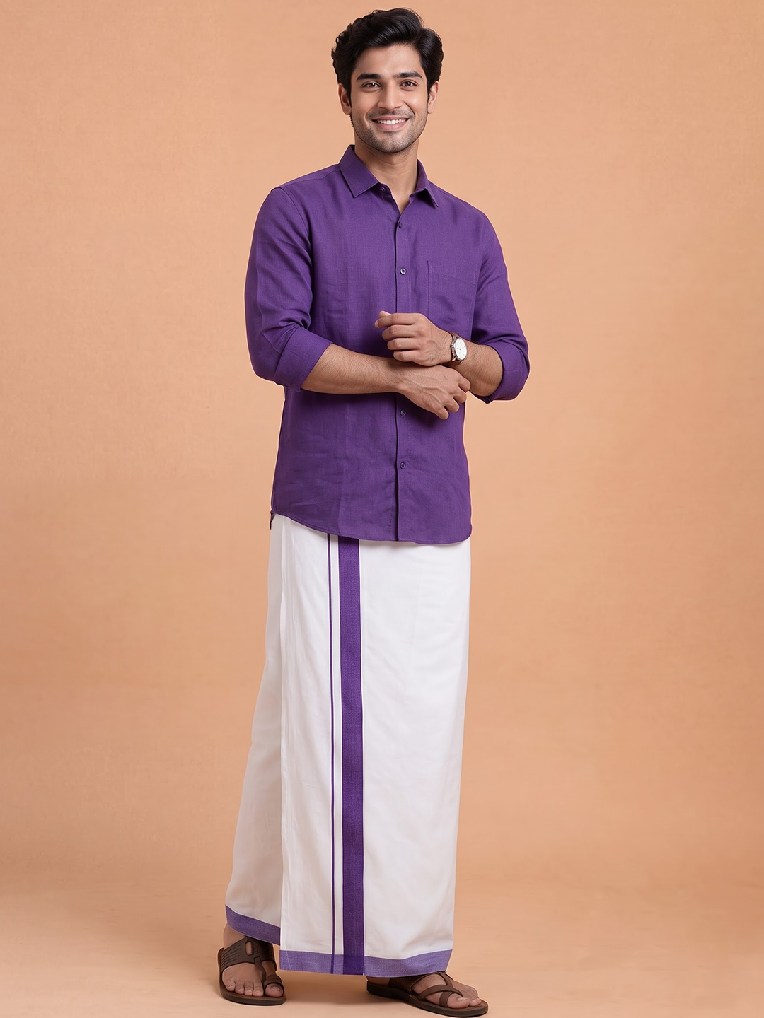 Double Layer 100% Cotton White Dhoti with Violet Border - RS06