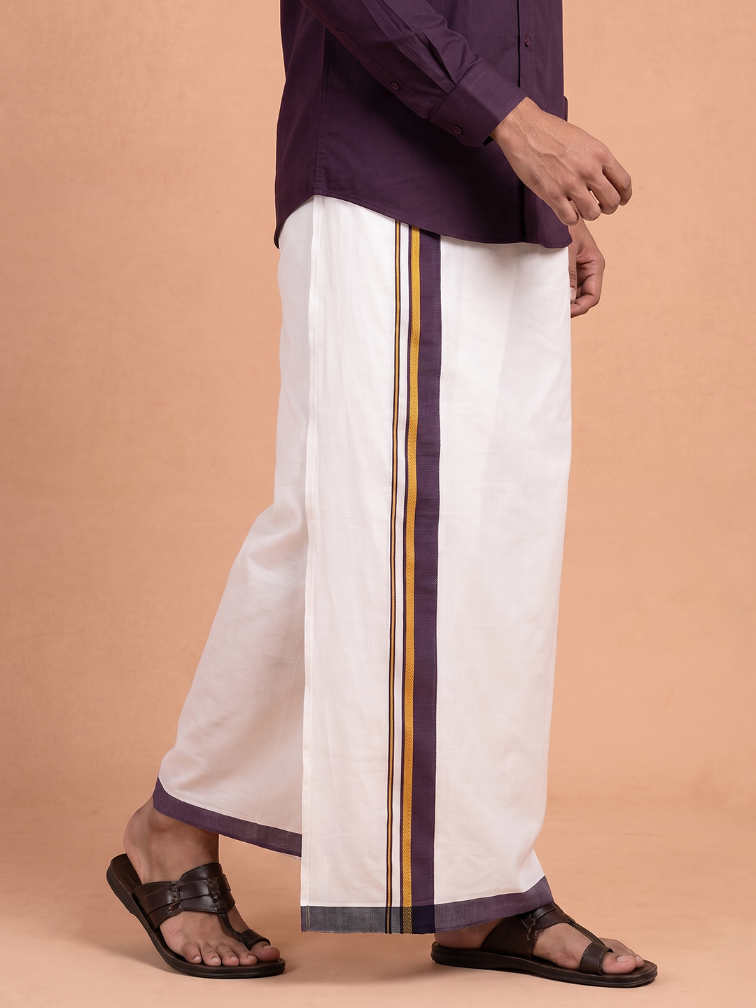 Double Layer Cotton Blend White Dhoti With Fancy Gold Jari Border TGJF06