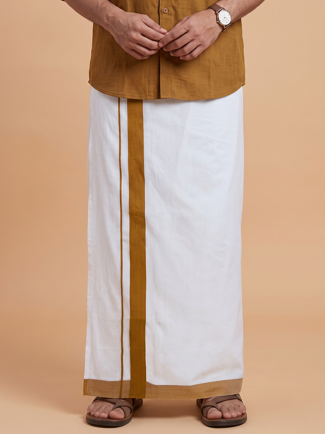 Double Layer 100% Cotton White Dhoti with Mustard Border - RS05