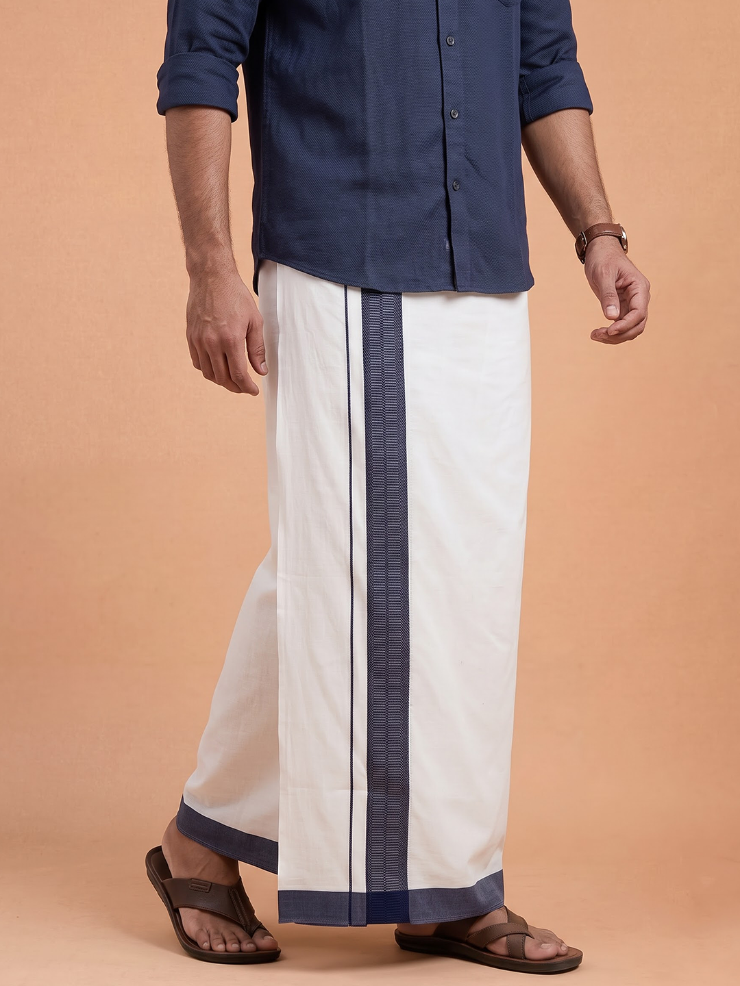 Double Layer Cotton White Dhoti with Colour Border - RFF01