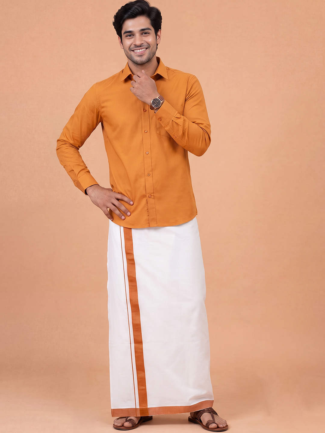 Double Layer Cotton Blend White Dhoti With Fancy Border TF20
