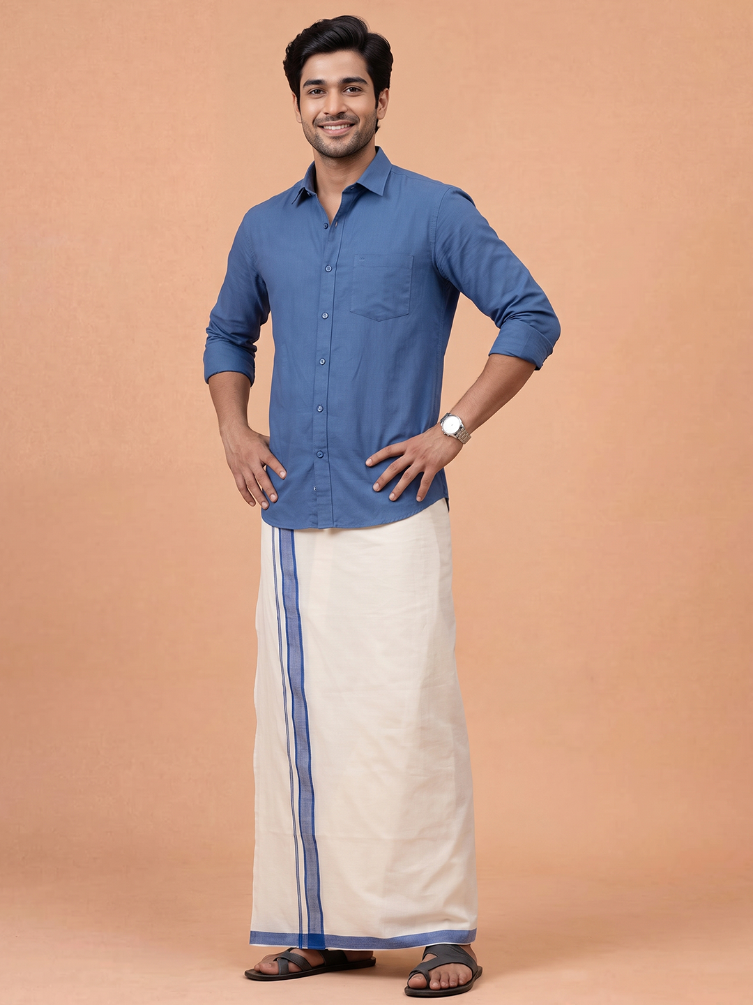 Double Layer 100% Cotton White Dhoti With Blue Border - RP08
