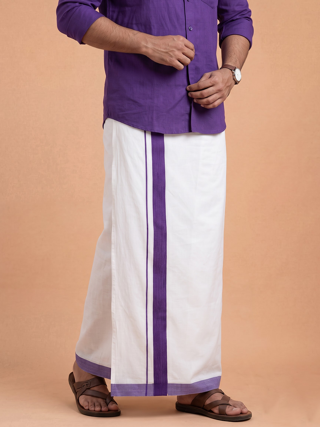 Double Layer 100% Cotton White Dhoti with Violet Border - RS06