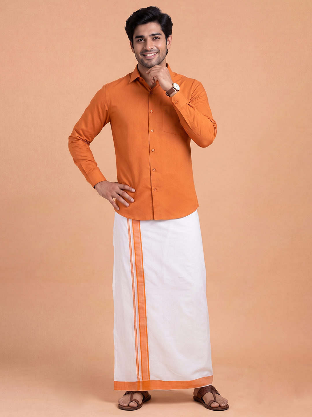 Double Layer 100% Cotton White Dhoti With Orange Border - RP10