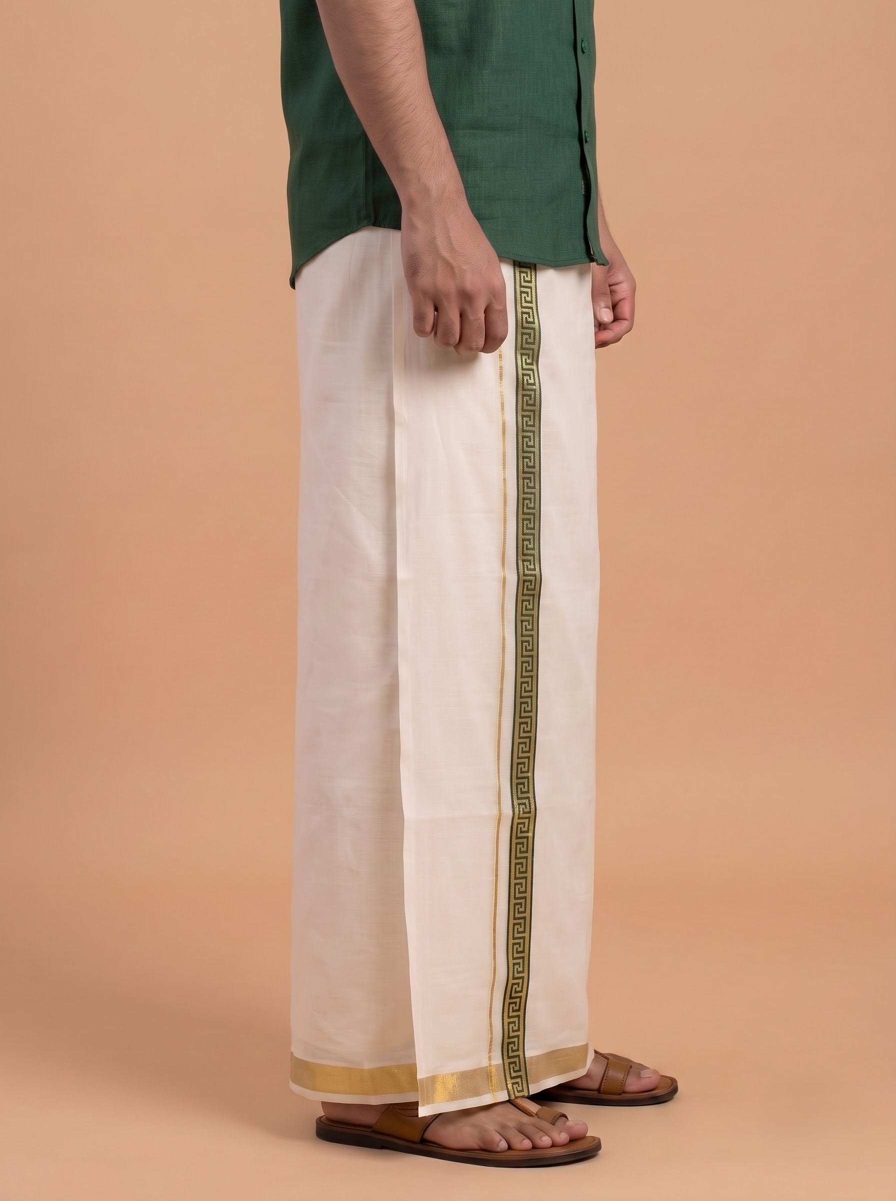 Double Layer Kora Cotton Cream Dhoti with Colour Border - HF Gold HFG05
