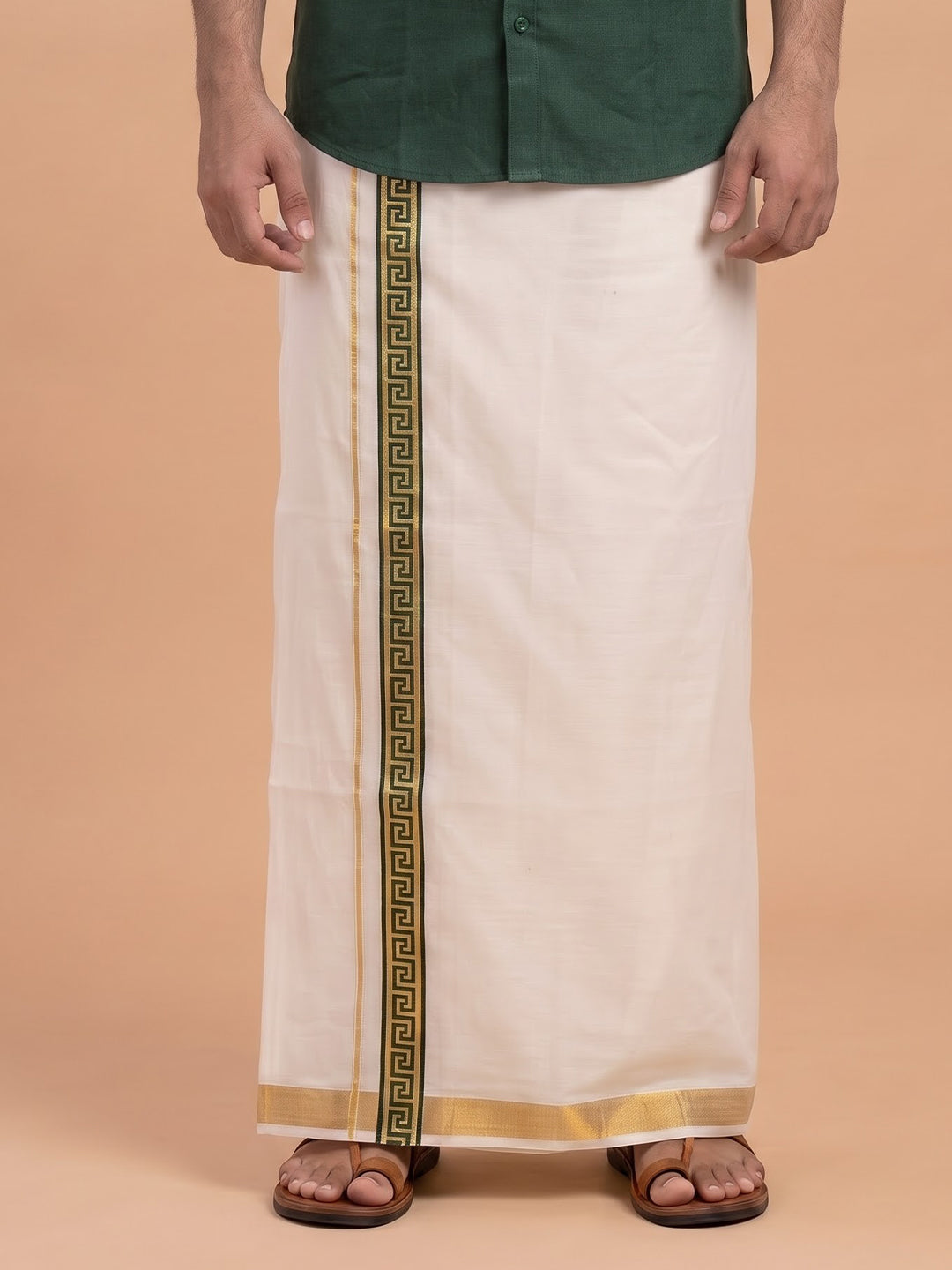 Double Layer Kora Cotton Cream Dhoti with Colour Border - HF Gold HFG05