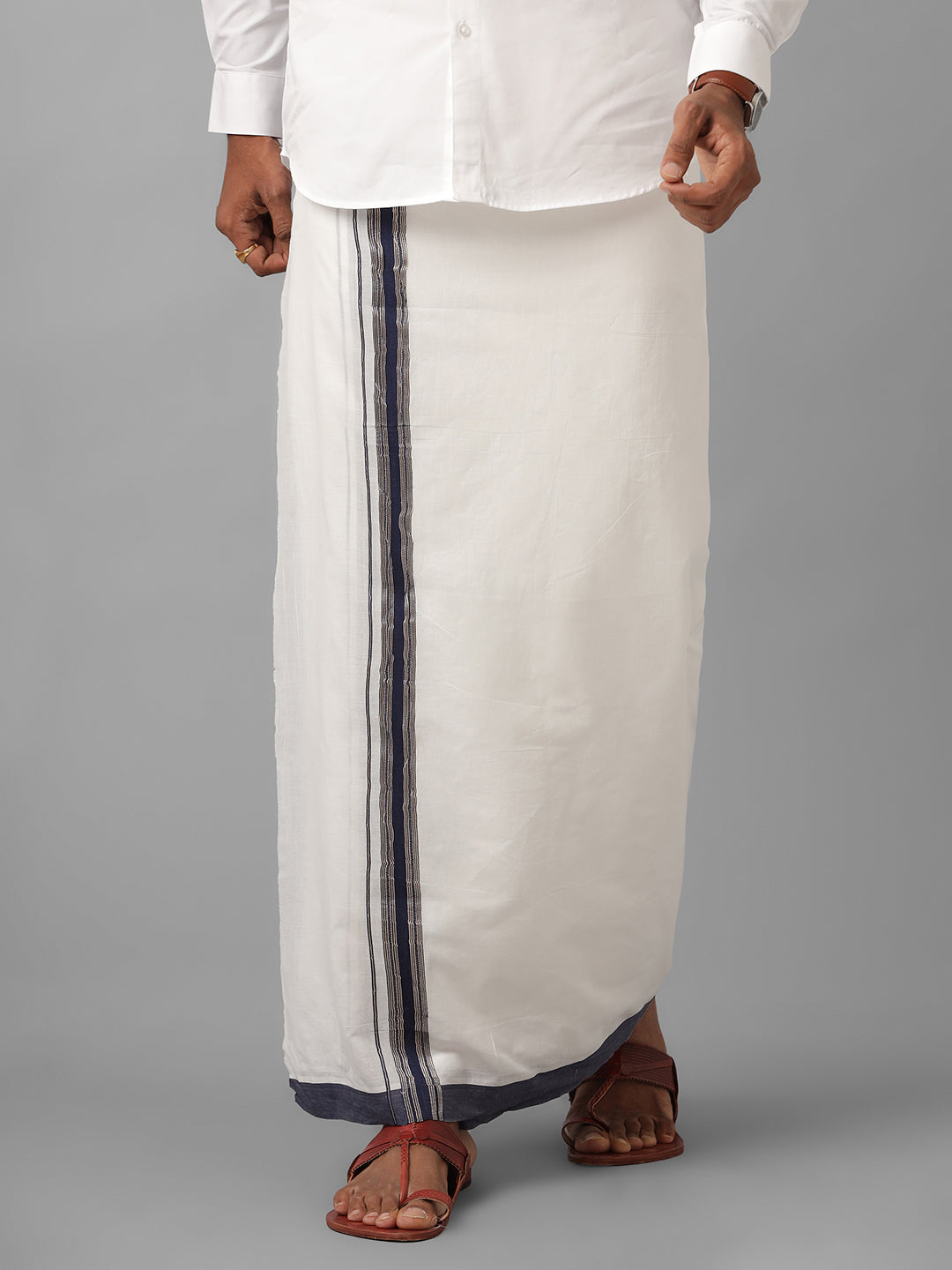 Men Pure Cotton Navy with Silver Border Double Dhoti