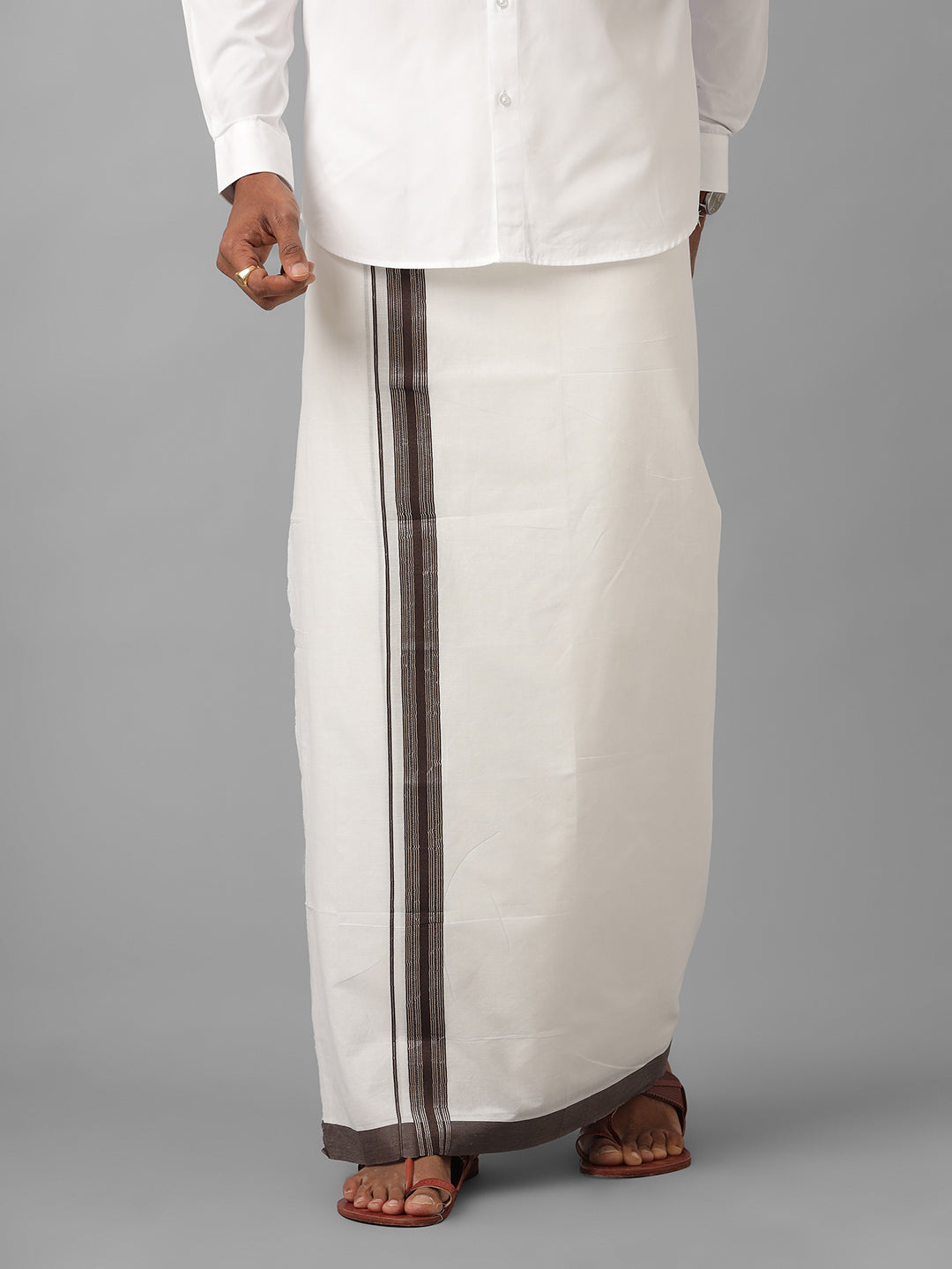 Mens Pure Cotton Brown with Silver Border Double Dhoti