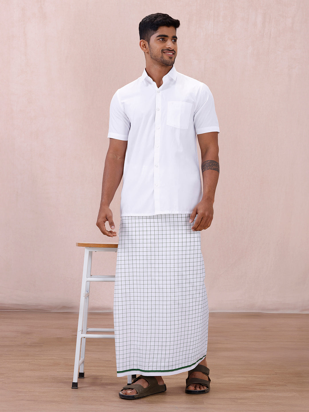 Men 100% Cotton Single Layer White Stitched Lungi Shalimar 2M