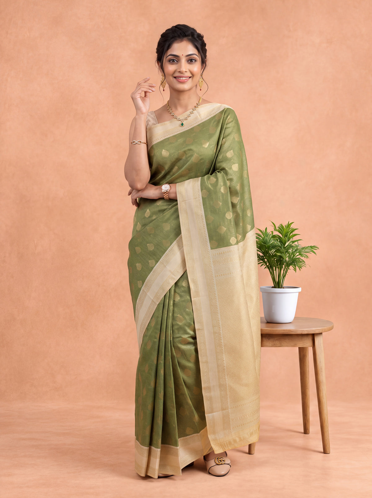 Women Art Silk Green with Sandal Saree ASS160