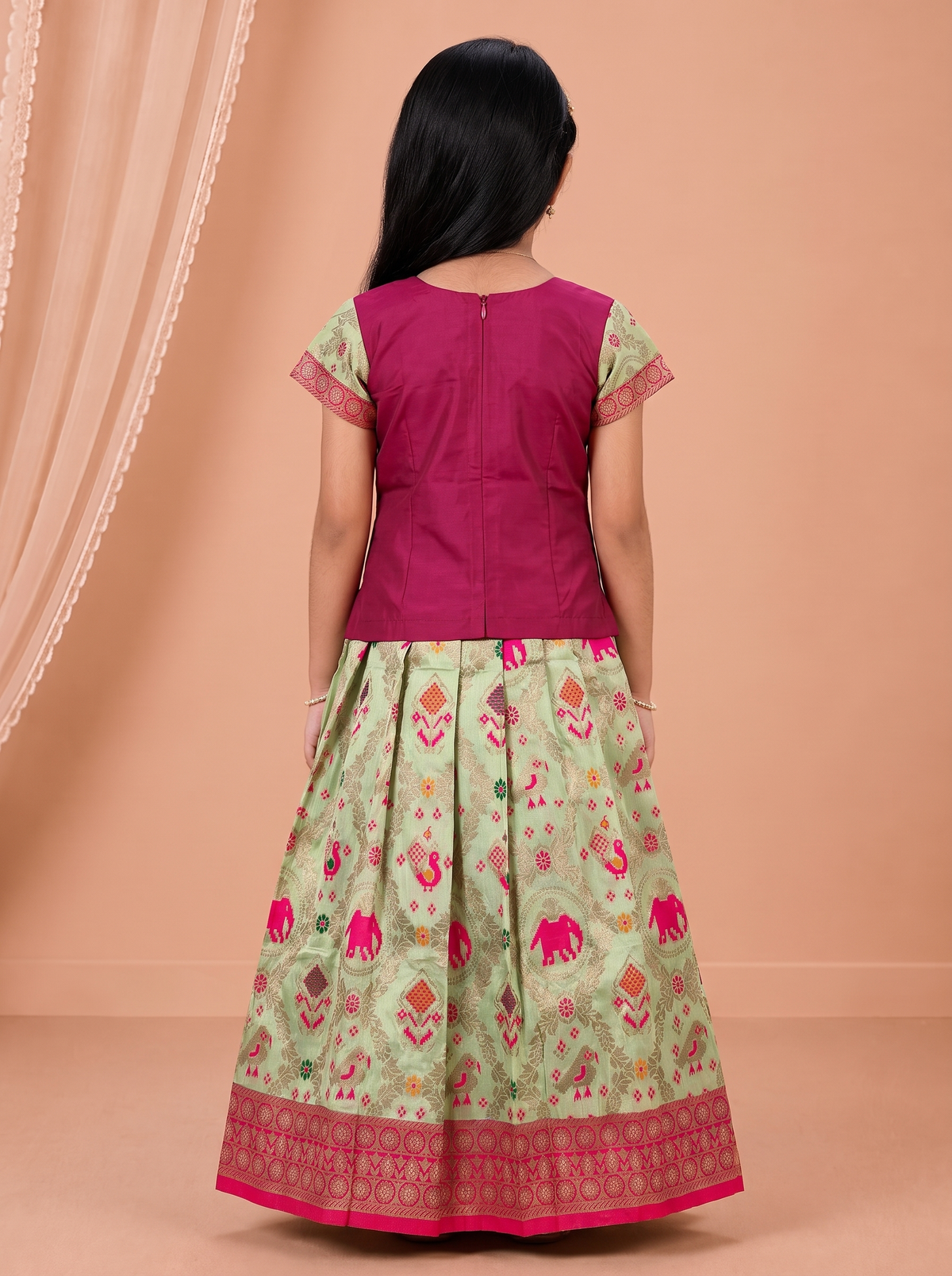 Girls Art Silk Pink with Pista Green Pattu Pavadai Set GPS74