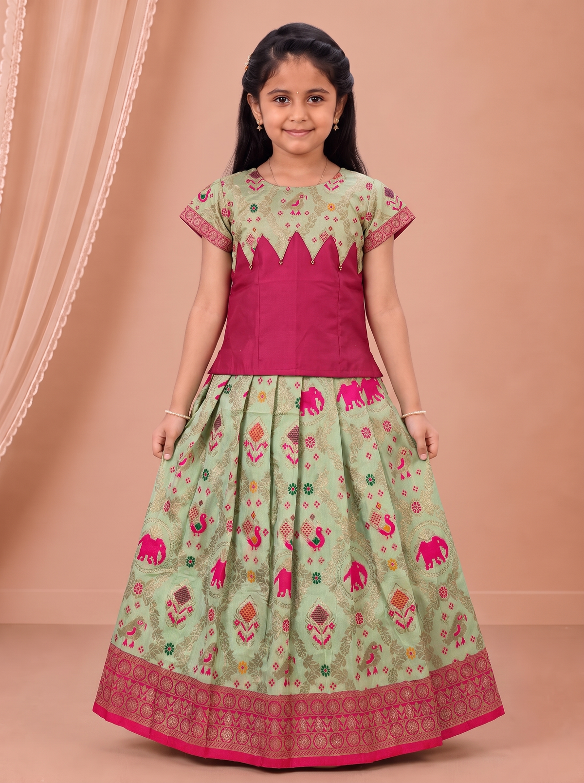 Girls Art Silk Pink with Pista Green Pattu Pavadai Set GPS74