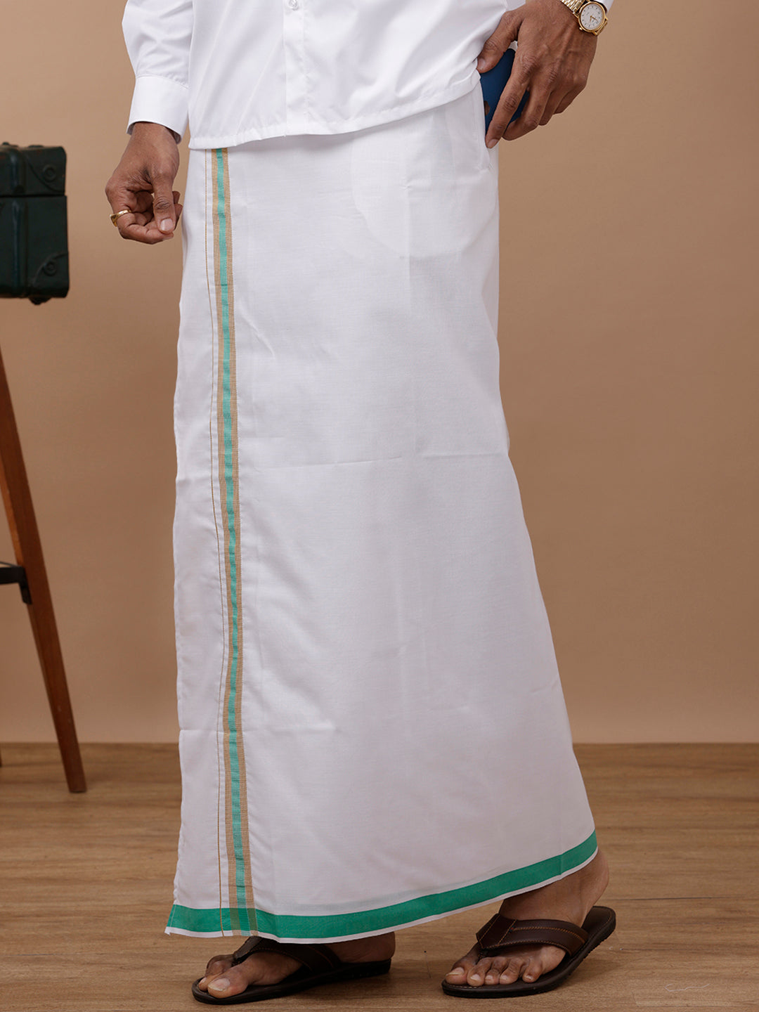 Men Green Adjustable Pocket Dhoti with Jari Border GACJ05