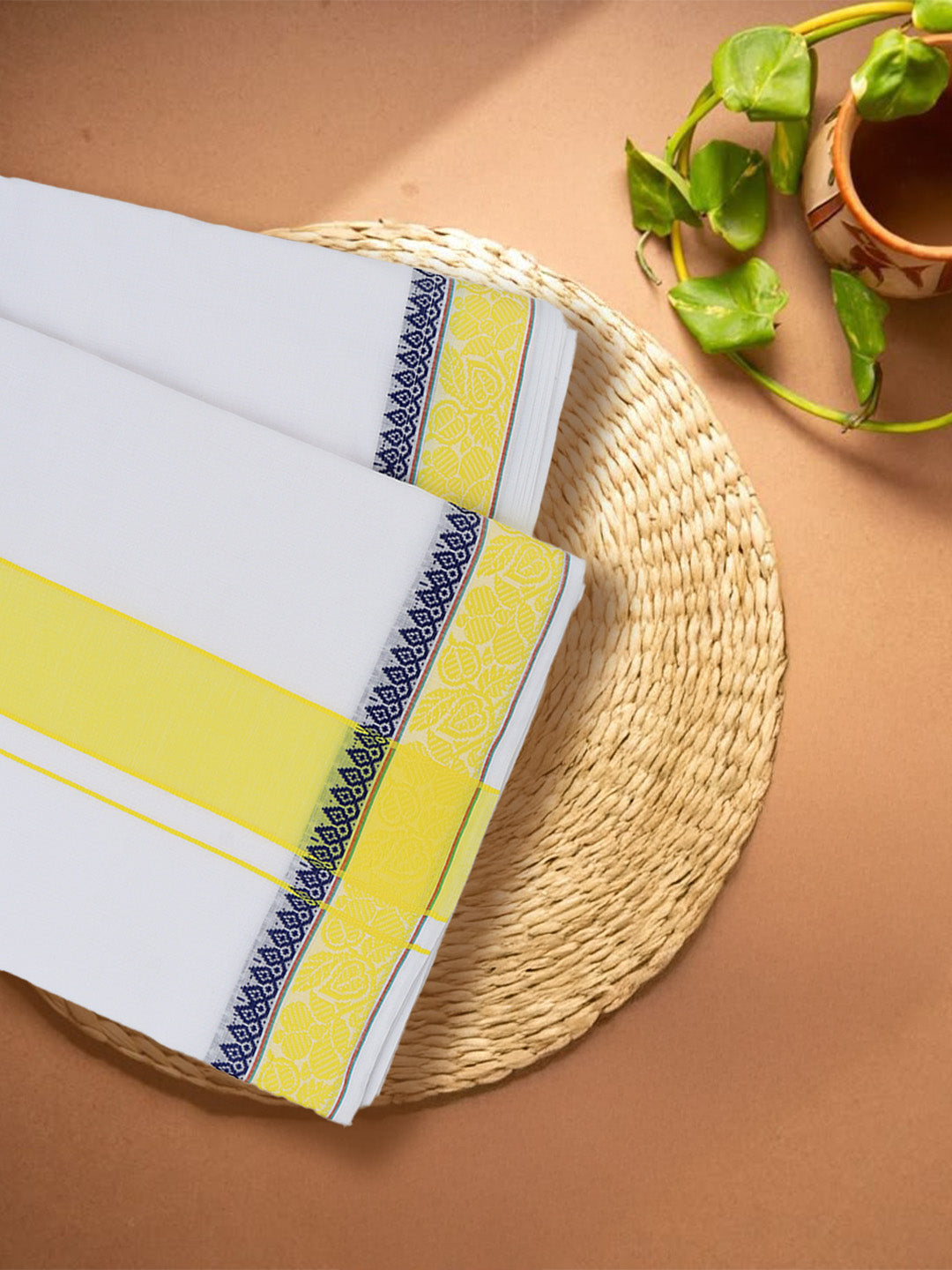Men Cotton Yellow Fancy Border Panchakacham with Angavasthram (9+5) JD04