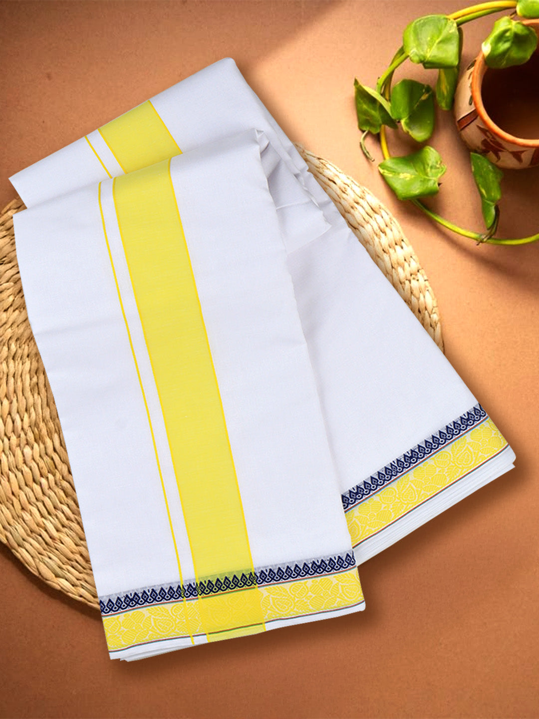 Men Cotton Yellow Fancy Border Panchakacham with Angavasthram (9+5) JD04