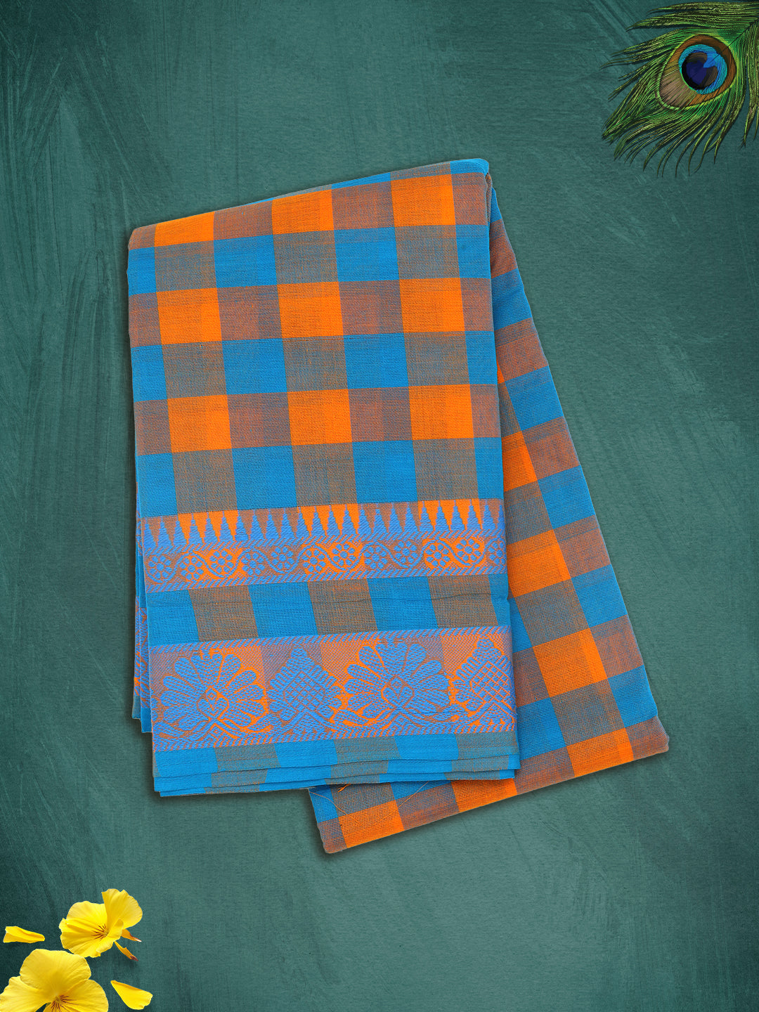Women Blue with Orange Checks Pure Chettinad Cotton Saree PCS217